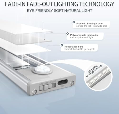 6 Pack Under Cabinet Lighting Wireless, 50 LED Rechargeable Battery Motion Sensor Light Indoor, Stick On, alternate view 3