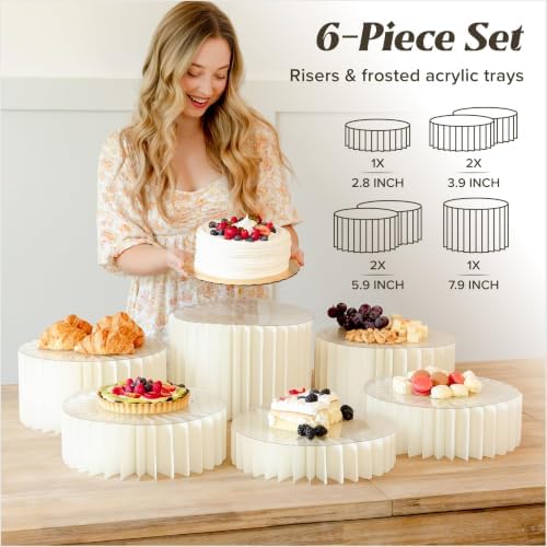 6 Pack White Buffet Risers, Foldable Paper Honeycomb Stands with Frosted Acrylic Trays for Party, Dessert Table, alternate
