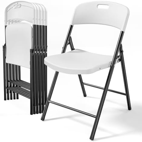 6-Pack White Plastic Folding Chairs, Portable Seat with Sturdy Steel Frame for Indoor & Outdoor Use, Perfect for