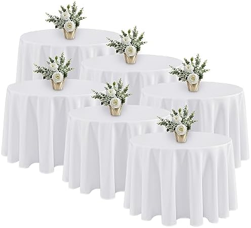 6 Pack White Round Tablecloths 120 Inch for 48"-96" Tables in White