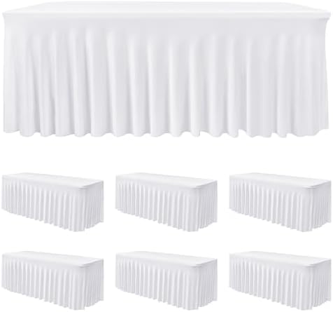 6 Pack White Spandex Table Covers 6ft Rectangle Ruffle Skirts for Party in 30x72 Inch| 6 Pack in White