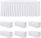6 Pack White Spandex Table Covers 6ft Rectangle Ruffle Skirts for Party in 30x72 Inch| 6 Pack in White