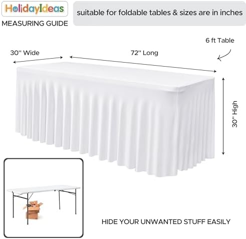 6 Pack White Spandex Table Covers 6ft Rectangle Ruffle Skirts for Party in 30x72 Inch| 6 Pack in White, alternate view 5