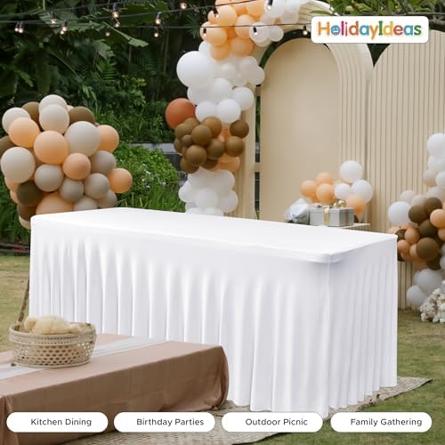 6 Pack White Spandex Table Covers 6ft Rectangle Ruffle Skirts for Party in 30x72 Inch| 6 Pack in White, alternate view 6