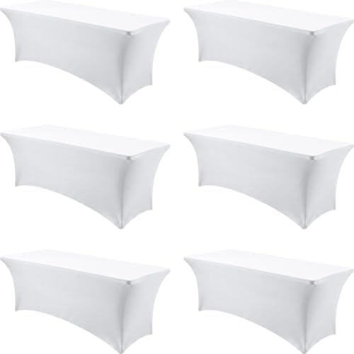 6-Pack White Spandex Tablecloth for 6ft Rectangle Tables, Fitted Stretch Table Cover, Wrinkle-Resistant Stretch