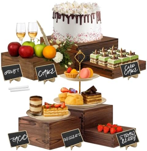 6-Pack Wood Risers Display Stands, Multi-Height Food Risers for Buffet Table, Rustic Wooden Cake & Cupcake