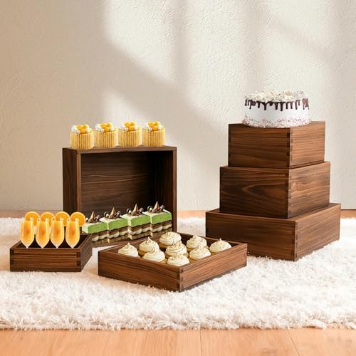 6-Pack Wood Risers Display Stands, Multi-Height Food Risers for Buffet Table, Rustic Wooden Cake & Cupcake, alternate view 6