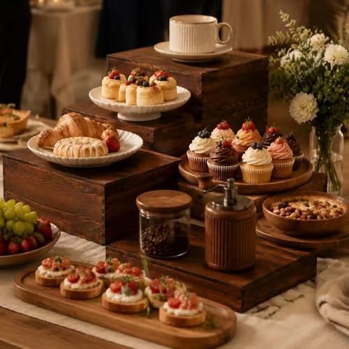 6 Pack Wooden Buffet Risers 12inch Dessert Table Display Set in Brown, alternate view 5