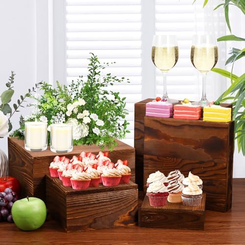 6 Pack Wooden Risers Display Stands Rustic Wood Cake & Cupcake Stands for Party Square Food Risers for Buffet, alternate view