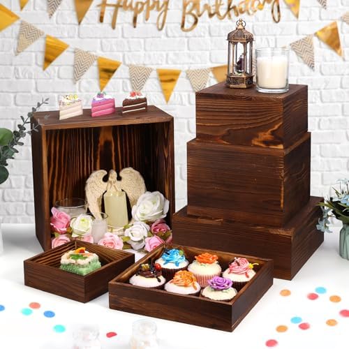 6 Pack Wooden Risers Display Stands Rustic Wood Cake & Cupcake Stands for Party Square Food Risers for Buffet, alternate view
