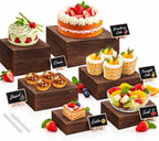 6 Pack Wooden Risers Display Stands with Mini Signs Square Food Risers for Buffet Party Rustic Wood Cake &
