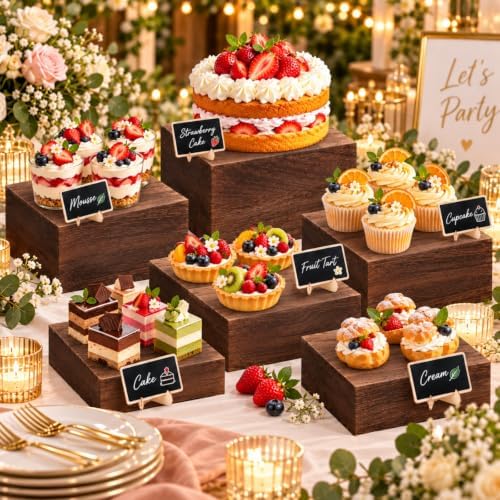 6 Pack Wooden Risers Display Stands with Mini Signs Square Food Risers for Buffet Party Rustic Wood Cake &, alternate view 2