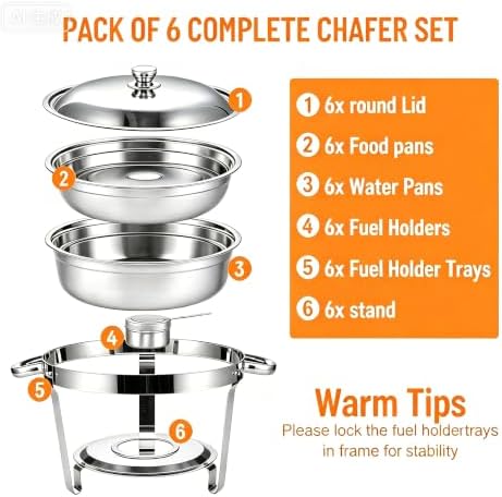 6 Packs Chafing Dish Buffet Set,5QT Round Stainless Steel Chafers and Buffet Warmers with Water Pan, Food Pan, alternate view