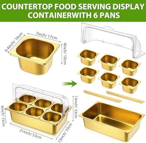 6 Pan Cold Food Buffet Server with Lid Salad Bar Station, Gold in Gold, alternate view 2