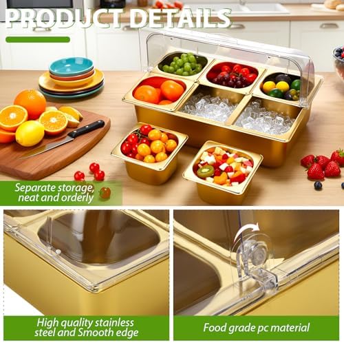 6 Pan Cold Food Buffet Server with Lid Salad Bar Station, Gold in Gold, alternate view 3