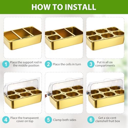 6 Pan Cold Food Buffet Server with Lid Salad Bar Station, Gold in Gold, alternate view 4
