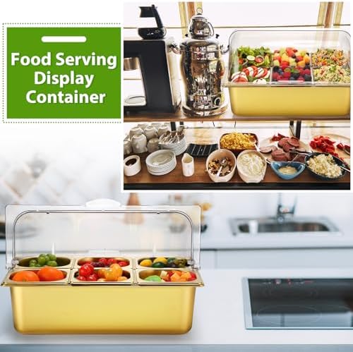 6 Pan Cold Food Buffet Server with Lid Salad Bar Station, Gold in Gold, alternate view 6