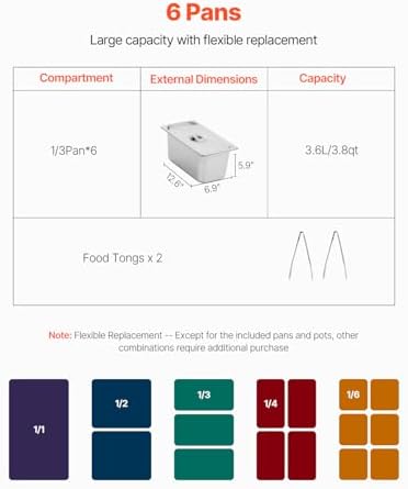 6-Pan Commercial Food Warmer, 6 x 1/3 Pans Electric Steam Table, 1500W Professional Buffet Catering Food Warmer, alternate