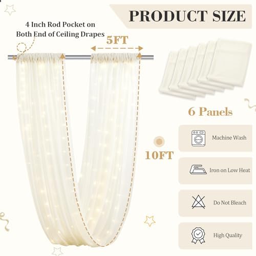 6 Panels Beige Ceiling Curtains with Lights for Weddings - 5ftx10ft Wrinkle-Free Tulle Fabric Wedding Arch, alternate view 2