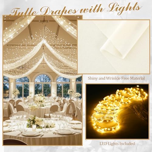 6 Panels Beige Ceiling Curtains with Lights for Weddings - 5ftx10ft Wrinkle-Free Tulle Fabric Wedding Arch, alternate view 3