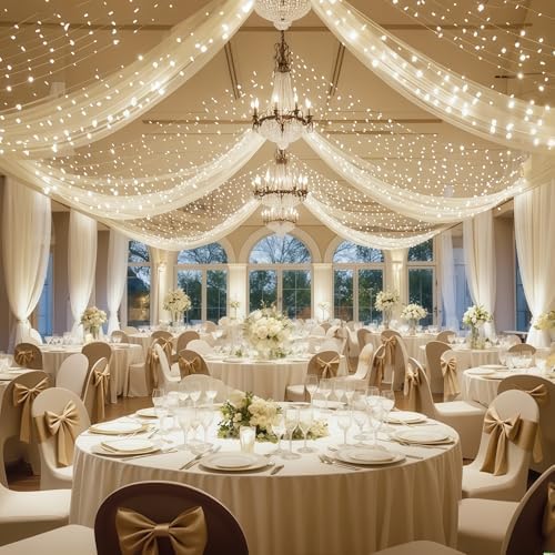 6 Panels Beige Ceiling Curtains with Lights for Weddings - 5ftx10ft Wrinkle-Free Tulle Fabric Wedding Arch, alternate view 4
