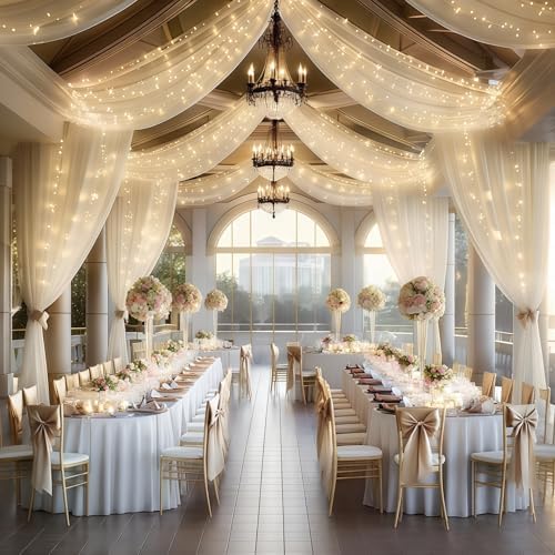 6 Panels Beige Ceiling Curtains with Lights for Weddings - 5ftx10ft Wrinkle-Free Tulle Fabric Wedding Arch, alternate view 6