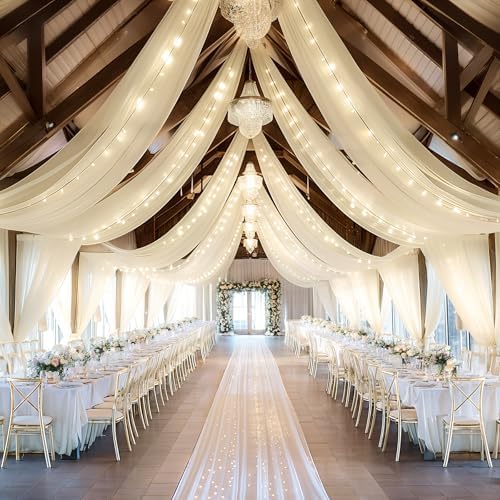 6 Panels Beige Ceiling Curtains with Lights for Weddings - 5ftx10ft Wrinkle-Free Tulle Fabric Wedding Arch, alternate view 7