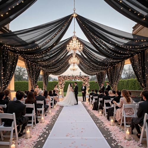 6 Panels Black Ceiling Curtains with Lights for Weddings - 5ftx20ft Wrinkle-Free Tulle Fabric Wedding Arch, alternate view 2