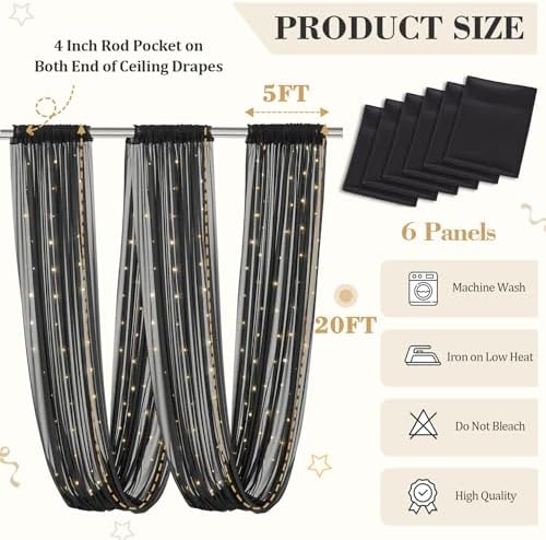6 Panels Black Ceiling Curtains with Lights for Weddings - 5ftx20ft Wrinkle-Free Tulle Fabric Wedding Arch, alternate view 3
