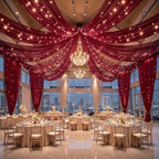 6 Panels Burgundy Ceiling Curtains with Lights for Weddings - 5ftx10ft Wrinkle-Free Tulle Fabric Wedding Arch