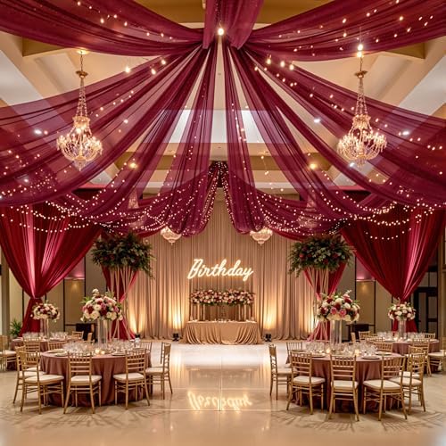 6 Panels Burgundy Ceiling Curtains with Lights for Weddings - 5ftx10ft Wrinkle-Free Tulle Fabric Wedding Arch, alternate view
