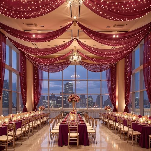 6 Panels Burgundy Ceiling Curtains with Lights for Weddings - 5ftx10ft Wrinkle-Free Tulle Fabric Wedding Arch, alternate view