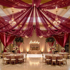 6 Panels Burgundy Ceiling Curtains with Lights for Weddings - 5ftx20ft Wrinkle-Free Tulle Fabric Wedding Arch