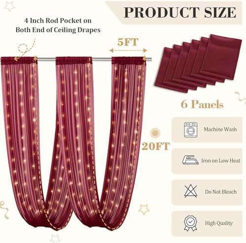 6 Panels Burgundy Ceiling Curtains with Lights for Weddings - 5ftx20ft Wrinkle-Free Tulle Fabric Wedding Arch, alternate view
