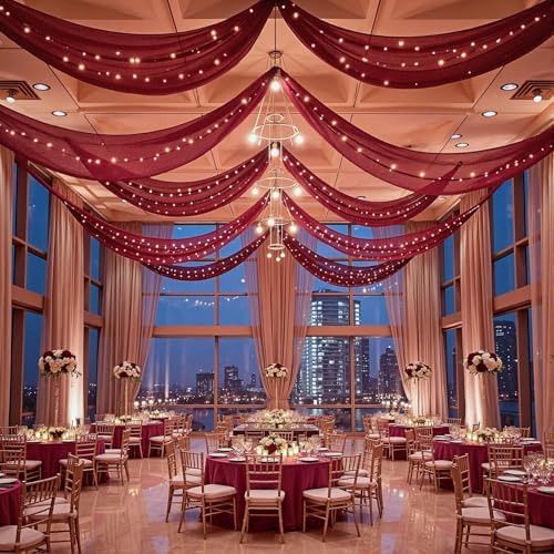 6 Panels Burgundy Ceiling Curtains with Lights for Weddings - 5ftx20ft Wrinkle-Free Tulle Fabric Wedding Arch, alternate view