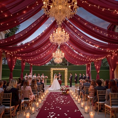 6 Panels Burgundy Ceiling Curtains with Lights for Weddings - 5ftx20ft Wrinkle-Free Tulle Fabric Wedding Arch, alternate view