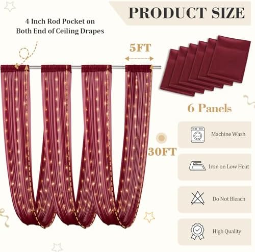 6 Panels Burgundy Ceiling Curtains with Lights for Weddings - 5ftx30ft Wrinkle-Free Tulle Fabric Wedding Arch, alternate view