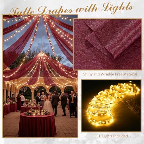 6 Panels Burgundy Ceiling Curtains with Lights for Weddings - 5ftx30ft Wrinkle-Free Tulle Fabric Wedding Arch, alternate view