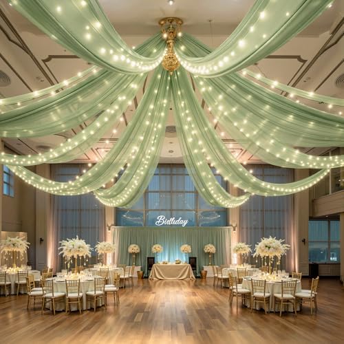 6 Panels Green Ceiling Curtains with Lights for Weddings - 5ftx10ft Wrinkle-Free Tulle Fabric Wedding Arch