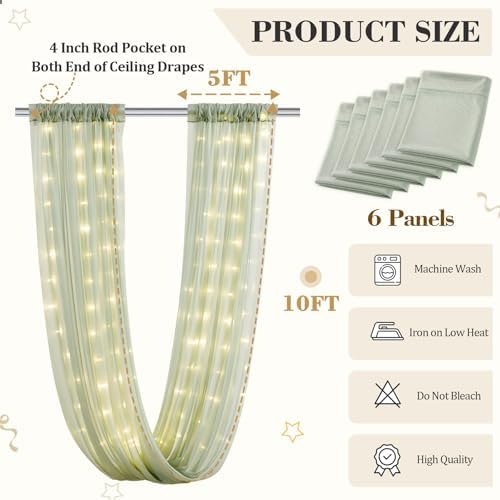 6 Panels Green Ceiling Curtains with Lights for Weddings - 5ftx10ft Wrinkle-Free Tulle Fabric Wedding Arch, alternate view 2