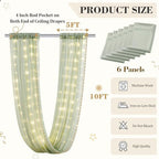 6 Panels Green Ceiling Curtains with Lights for Weddings - 5ftx10ft Wrinkle-Free Tulle Fabric Wedding Arch, alternate view 2