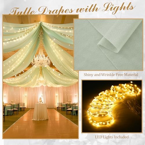 6 Panels Green Ceiling Curtains with Lights for Weddings - 5ftx10ft Wrinkle-Free Tulle Fabric Wedding Arch, alternate view 3
