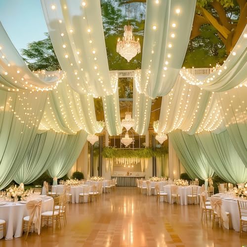 6 Panels Green Ceiling Curtains with Lights for Weddings - 5ftx10ft Wrinkle-Free Tulle Fabric Wedding Arch, alternate view 4