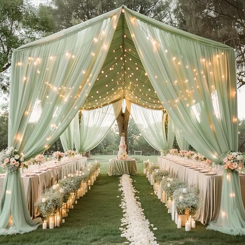 6 Panels Green Ceiling Curtains with Lights for Weddings - 5ftx10ft Wrinkle-Free Tulle Fabric Wedding Arch, alternate view 7