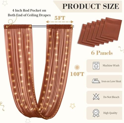 6 Panels Terracotta Ceiling Curtains with Lights for Weddings - 5ftx10ft Wrinkle-Free Tulle Fabric Wedding Arch, alternate
