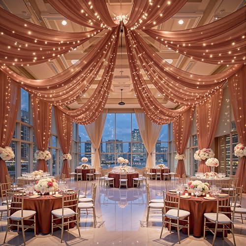 6 Panels Terracotta Ceiling Curtains with Lights for Weddings - 5ftx20ft Wrinkle-Free Tulle Fabric Wedding Arch