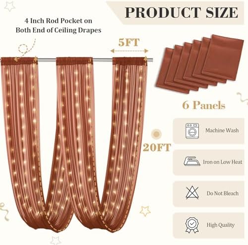 6 Panels Terracotta Ceiling Curtains with Lights for Weddings - 5ftx20ft Wrinkle-Free Tulle Fabric Wedding Arch, alternate
