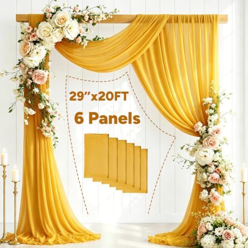 6 Panels Wedding Arch Draping Fabric 29" X 20FT Gold Sheer Chiffon Drapes Backdrop for Wedding Ceremony Bridal, alternate