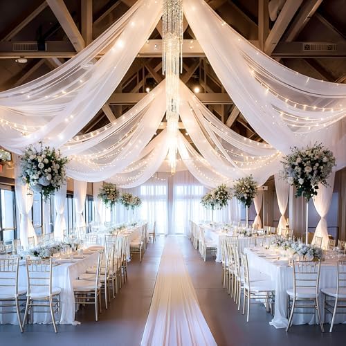 6 Panels White Ceiling Curtains with Lights for Weddings - 5ftx10ft Wrinkle-Free Tulle Fabric Wedding Arch