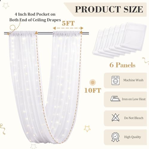 6 Panels White Ceiling Curtains with Lights for Weddings - 5ftx10ft Wrinkle-Free Tulle Fabric Wedding Arch, alternate view 2